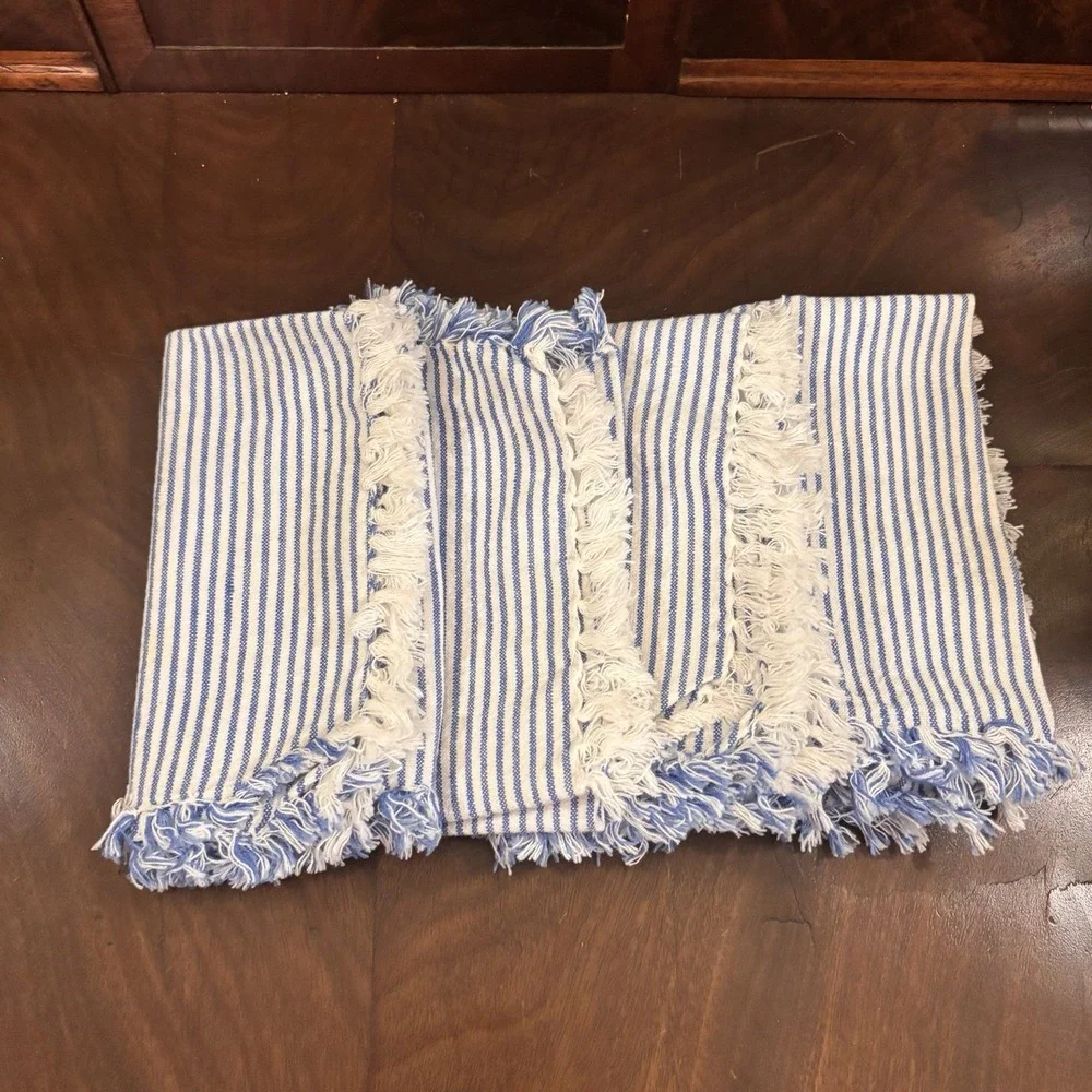 Set of 4 Blue White Striped Fringe Cloth Dinner Napkins Farmhouse Coastal Boho